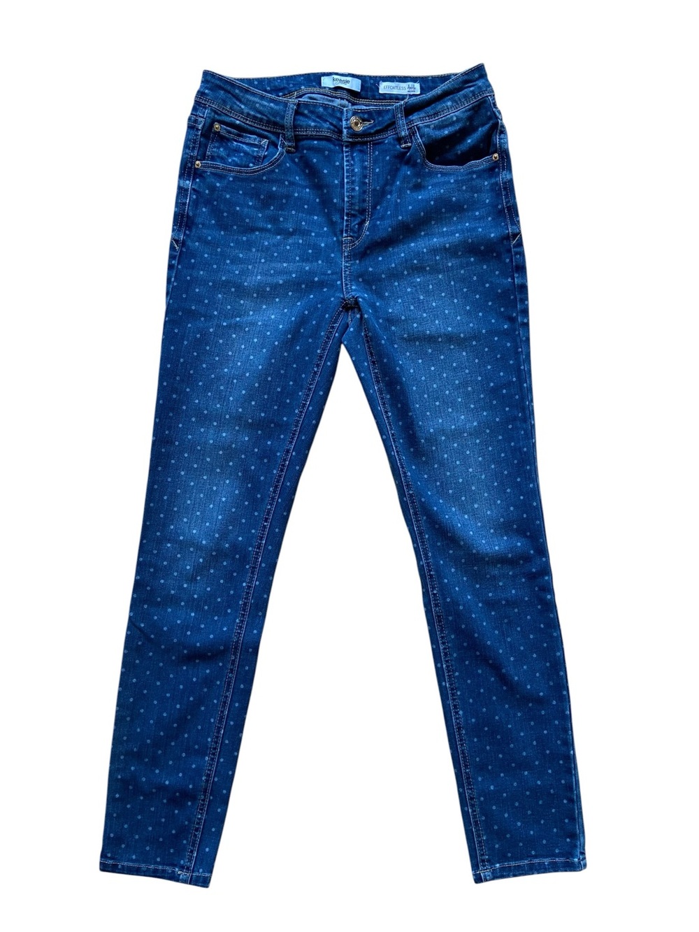 Kensie Effortless Ankle Jeans Sz 7 Polka Dot Stretch Mid Rise Skinny Blue Women